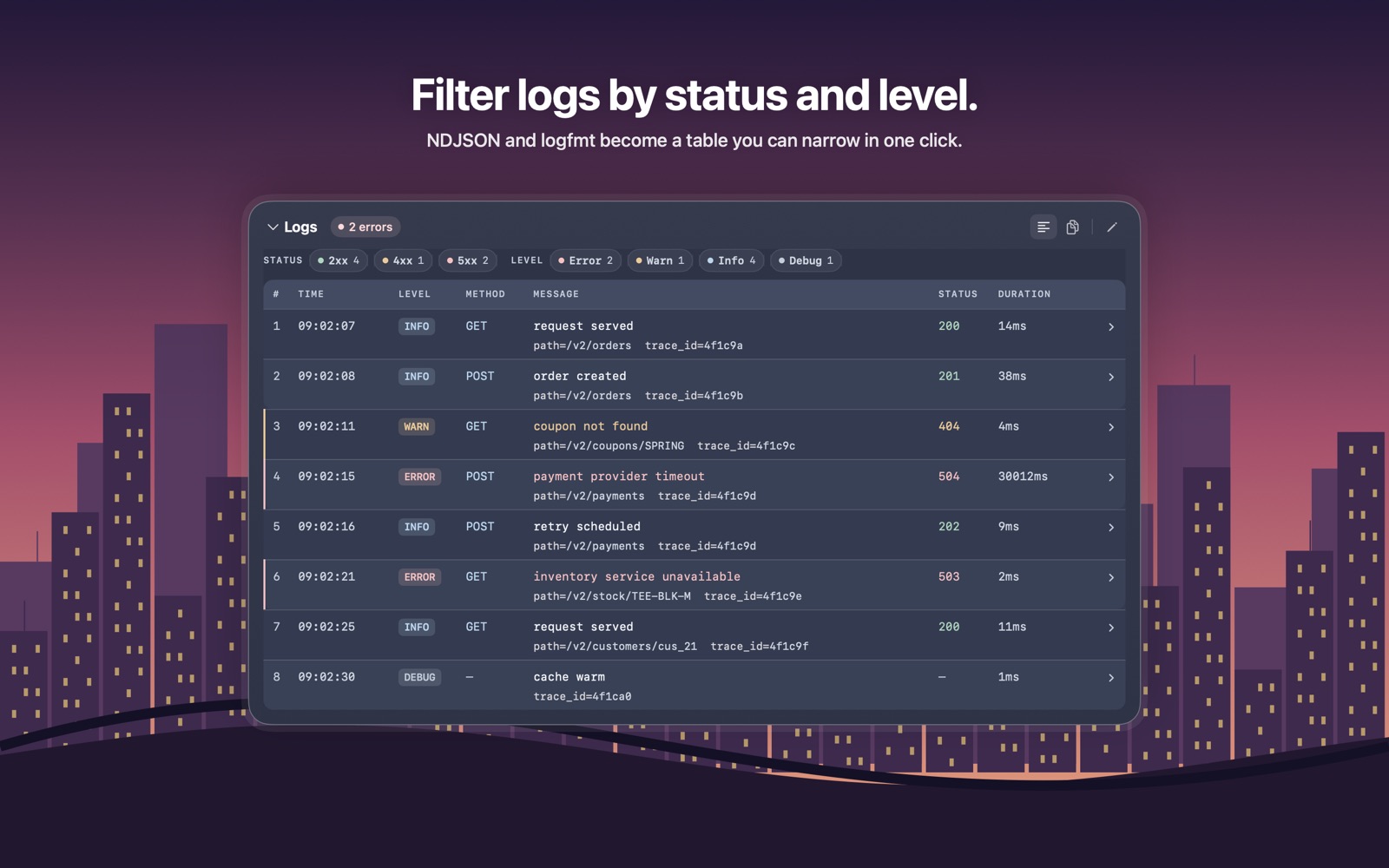 Filterable log table
