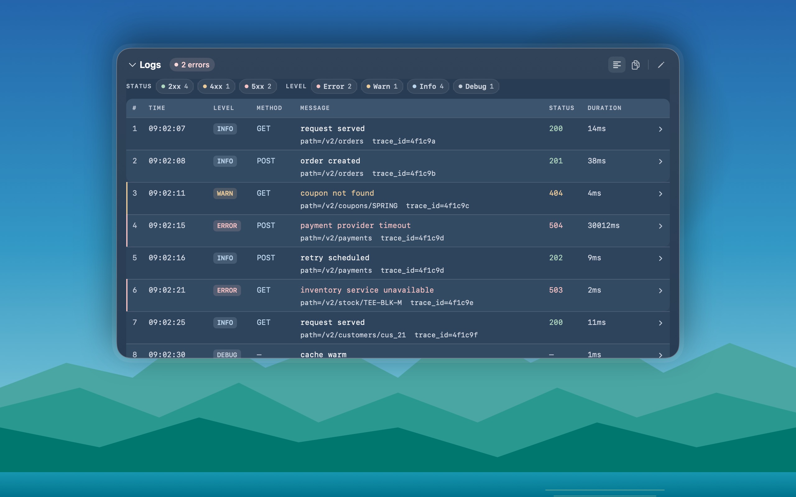 Pekivo showing copied logs as a filterable table